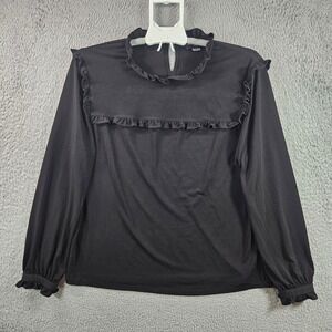 Karl Lagerfeld Paris Black Long Sleeve Ruffle Mock Neck Top Shirt Women's L